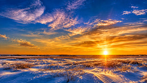 Snow-covered Saskatchewan prairie beneath a low winter sun and long open horizon