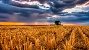 Saskatchewan harvest scene in September with golden wheat stubble and a distant combine beneath a dramatic low autumn sky