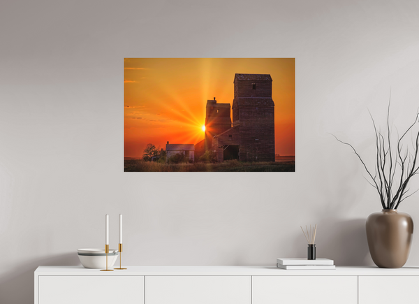 90 x 60 cm, Metal Print Crimson Silence – Grain Elevators of Lepine, Saskatchewan