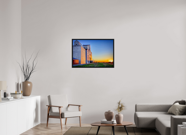 90 x 60 cm, Framed Print Prairie Dusk – Landis Grain Elevator at Sunset