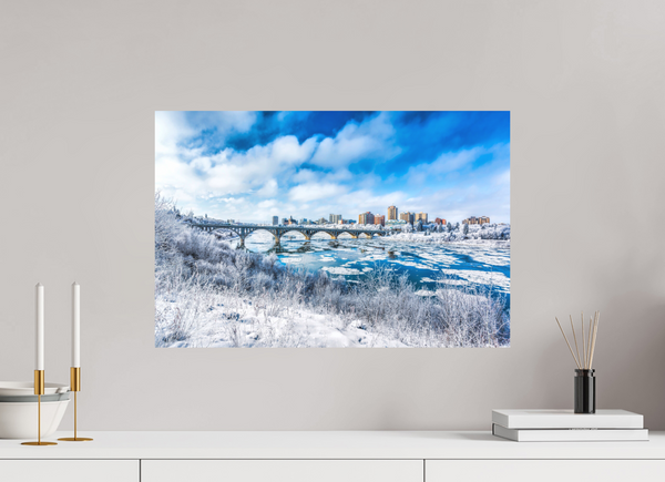 60 x 40 cm, Metal Print Frosted City – Saskatoon in Winter Light