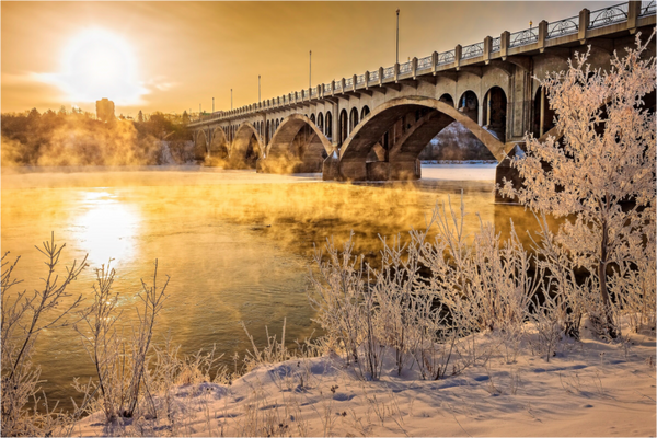 Main image Golden Mist – University Bridge in Winter Light, Saskatoon