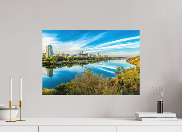 60 x 40 cm, Metal Print Autumn Reflection – Saskatoon City Skyline
