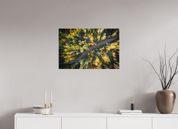 75 x 50 cm, Metal Print Golden Passage – Autumn Road Through the Forest