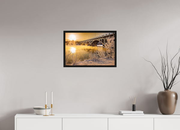 60 x 40 cm, Framed Print Golden Mist – University Bridge in Winter Light, Saskatoon
