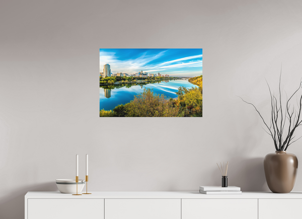 75 x 50 cm, Metal Print Autumn Reflection – Saskatoon City Skyline