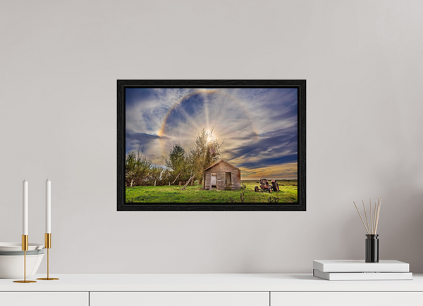 45 x 30 cm, Framed Print Halo of Time – Prairie Shack Under a Sun Halo