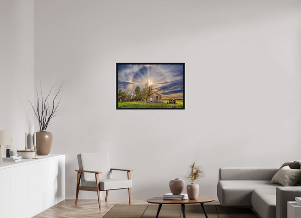 90 x 60 cm, Framed Print Halo of Time – Prairie Shack Under a Sun Halo