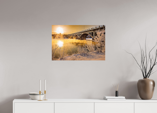 75 x 50 cm, Acrylic Print Golden Mist – University Bridge in Winter Light, Saskatoon