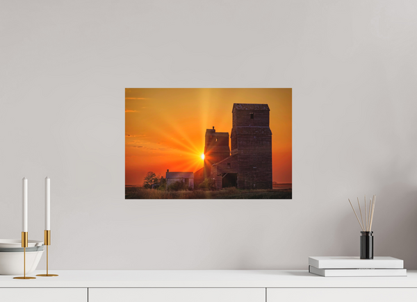 45 x 30 cm, Metal Print Crimson Silence – Grain Elevators of Lepine, Saskatchewan