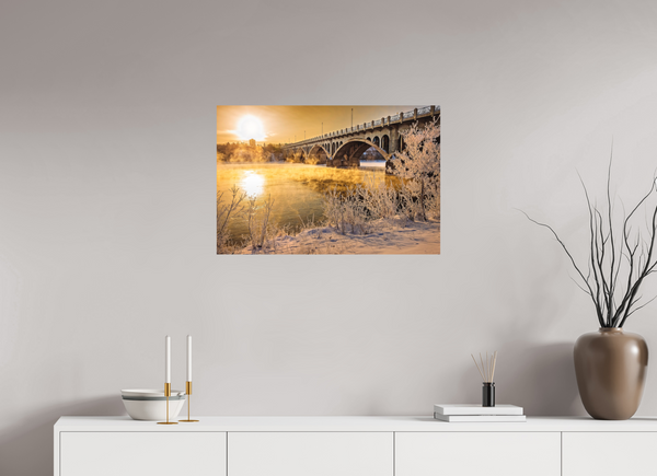 75 x 50 cm, Metal Print Golden Mist – University Bridge in Winter Light, Saskatoon