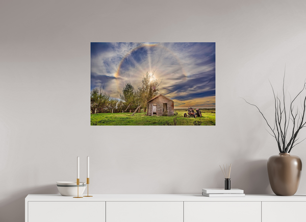 90 x 60 cm, Acrylic Print Halo of Time – Prairie Shack Under a Sun Halo