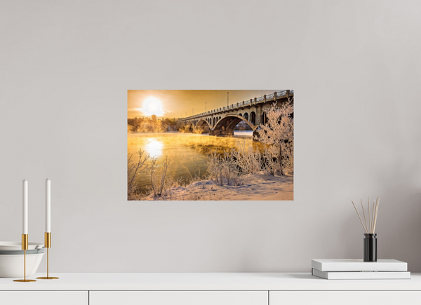 45 x 30 cm, Photo Print Golden Mist – University Bridge in Winter Light, Saskatoon