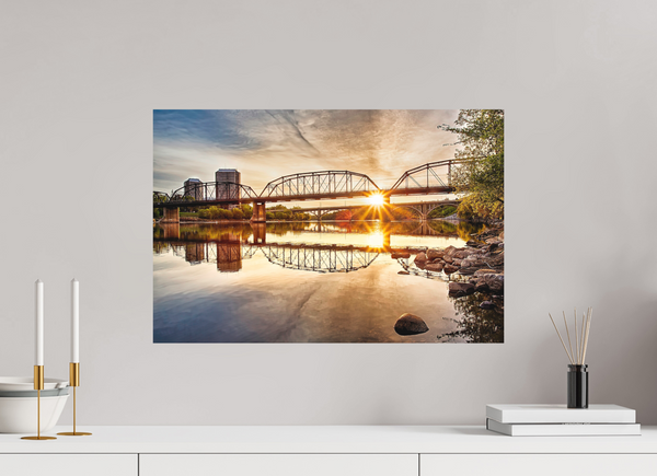 60 x 40 cm, Metal Print Morning Radiance – Traffic Bridge at Sunrise, Saskatoon