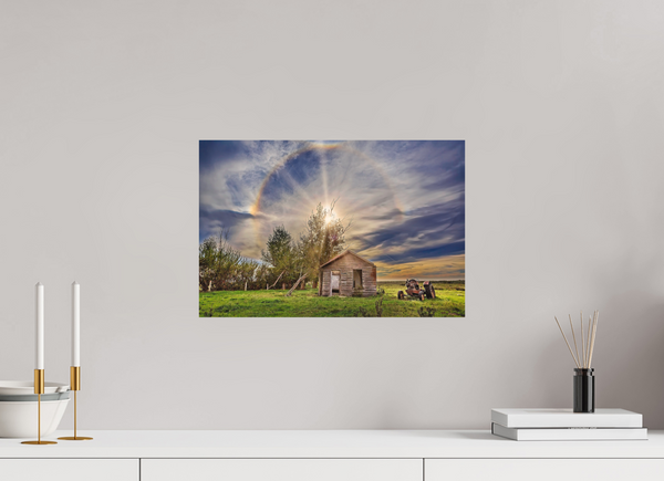 45 x 30 cm, Metal Print Halo of Time – Prairie Shack Under a Sun Halo