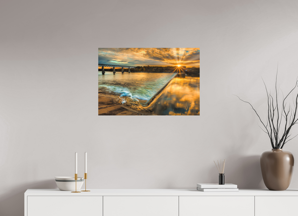 75 x 50 cm, Metal Print Golden Flow – The Weir at Sunset, Saskatoon