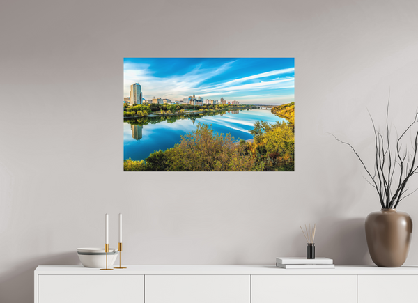 90 x 60 cm, Metal Print Autumn Reflection – Saskatoon City Skyline