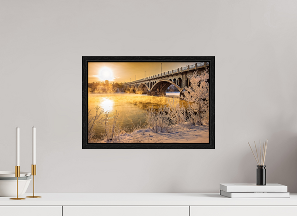 45 x 30 cm, Framed Print Golden Mist – University Bridge in Winter Light, Saskatoon