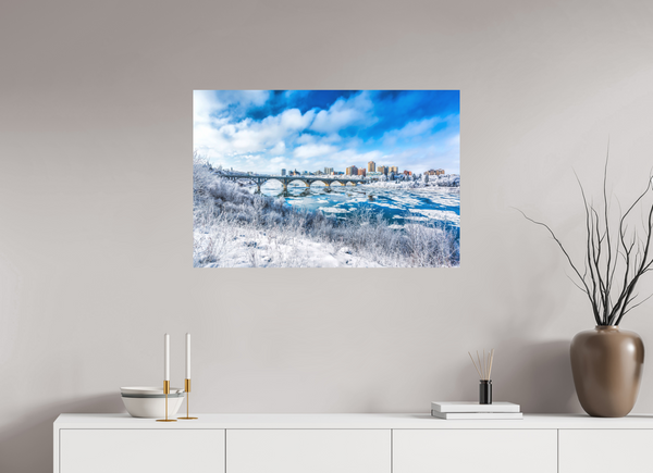 90 x 60 cm, Metal Print Frosted City – Saskatoon in Winter Light