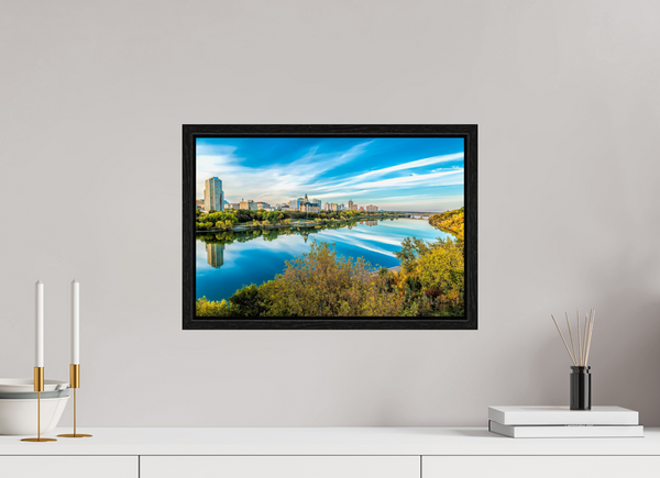 45 x 30 cm, Framed Print Autumn Reflection – Saskatoon City Skyline