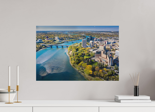 60 x 40 cm, Metal Print Above the River – Aerial View of Saskatoon