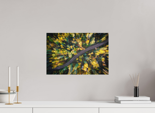 45 x 30 cm, Metal Print Golden Passage – Autumn Road Through the Forest