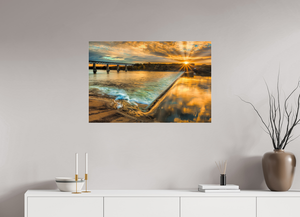 90 x 60 cm, Acrylic Print Golden Flow – The Weir at Sunset, Saskatoon