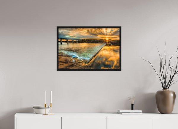 75 x 50 cm, Framed Print Golden Flow – The Weir at Sunset, Saskatoon