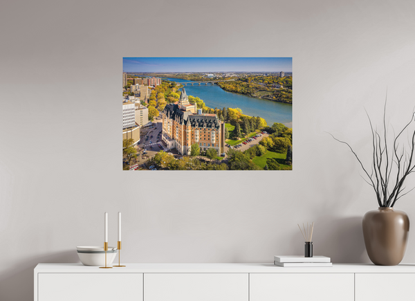 90 x 60 cm, Metal Print Autumn Splendor – Saskatoon’s Castle by the River