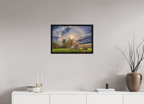 60 x 40 cm, Framed Print Halo of Time – Prairie Shack Under a Sun Halo