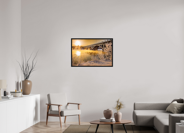 90 x 60 cm, Framed Print Golden Mist – University Bridge in Winter Light, Saskatoon