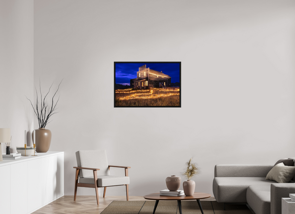 90 x 60 cm, Framed Print Echoes of Light – Prairie General Store at Night