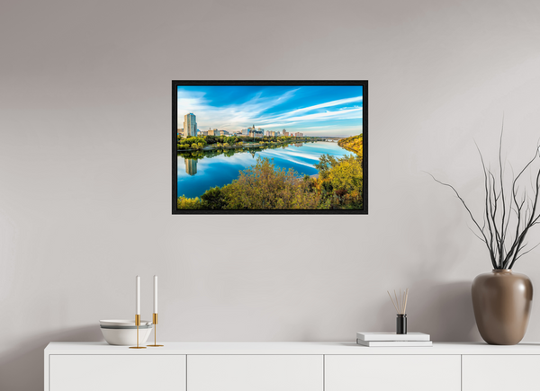 75 x 50 cm, Framed Print Autumn Reflection – Saskatoon City Skyline