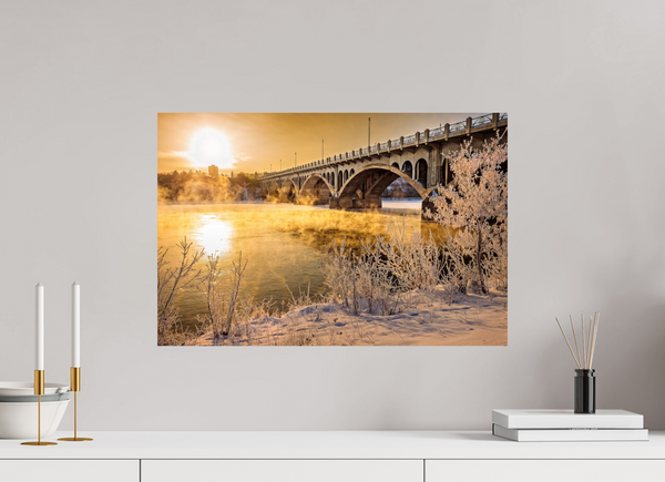 60 x 40 cm, Photo Print Golden Mist – University Bridge in Winter Light, Saskatoon