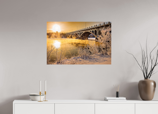 90 x 60 cm, Acrylic Print Golden Mist – University Bridge in Winter Light, Saskatoon