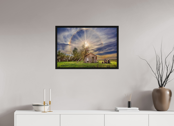 75 x 50 cm, Framed Print Halo of Time – Prairie Shack Under a Sun Halo