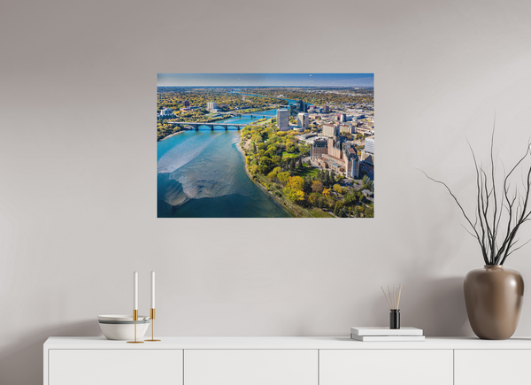 90 x 60 cm, Metal Print Above the River – Aerial View of Saskatoon