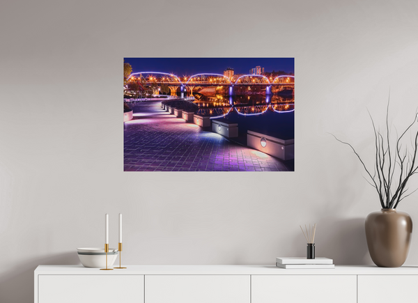 90 x 60 cm, Metal Print Evening Glow – River Landing at Night, Saskatoon
