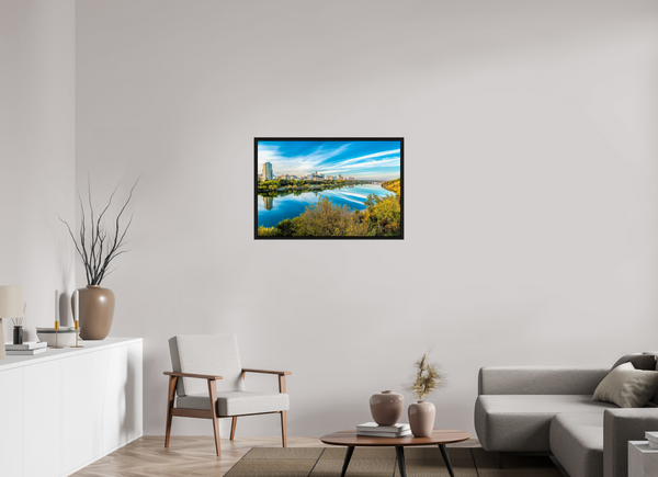 90 x 60 cm, Framed Print Autumn Reflection – Saskatoon City Skyline