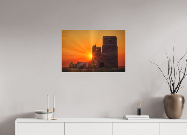 75 x 50 cm, Metal Print Crimson Silence – Grain Elevators of Lepine, Saskatchewan