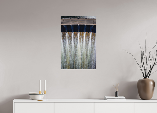 50 x 75 cm, Metal Print Controlled Flow – Diefenbaker Dam from Above