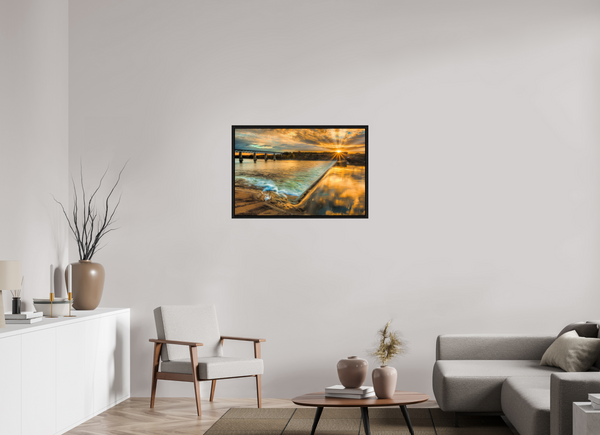 90 x 60 cm, Framed Print Golden Flow – The Weir at Sunset, Saskatoon