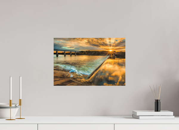 45 x 30 cm, Metal Print Golden Flow – The Weir at Sunset, Saskatoon