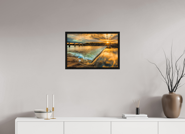60 x 40 cm, Framed Print Golden Flow – The Weir at Sunset, Saskatoon