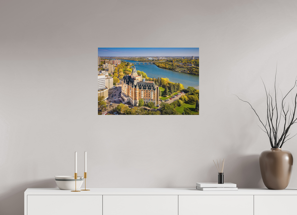 75 x 50 cm, Metal Print Autumn Splendor – Saskatoon’s Castle by the River