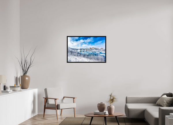 90 x 60 cm, Framed Print Frosted City – Saskatoon in Winter Light