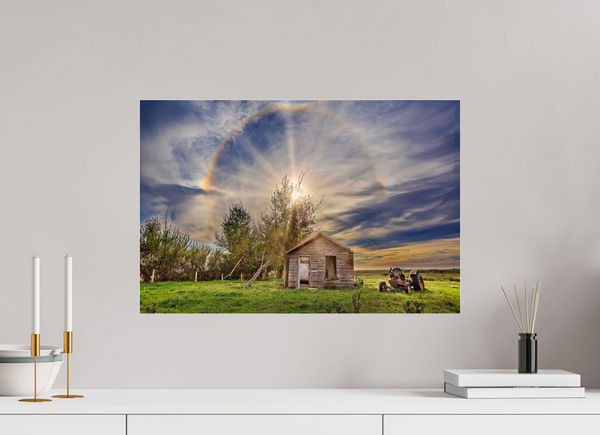 60 x 40 cm, Acrylic Print Halo of Time – Prairie Shack Under a Sun Halo