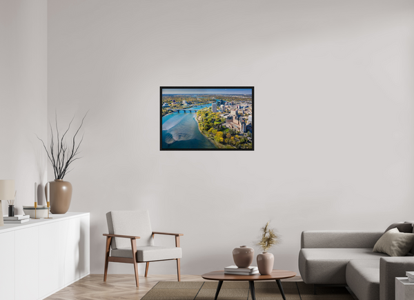 90 x 60 cm, Framed Print Above the River – Aerial View of Saskatoon